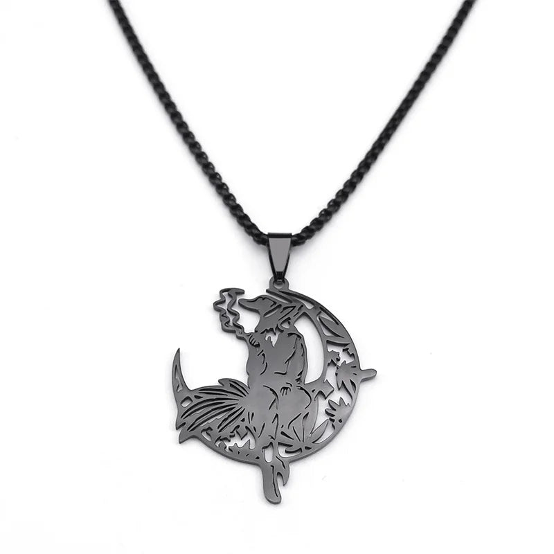 Smoking Witch Broom Moon Necklace - Witchy wonder