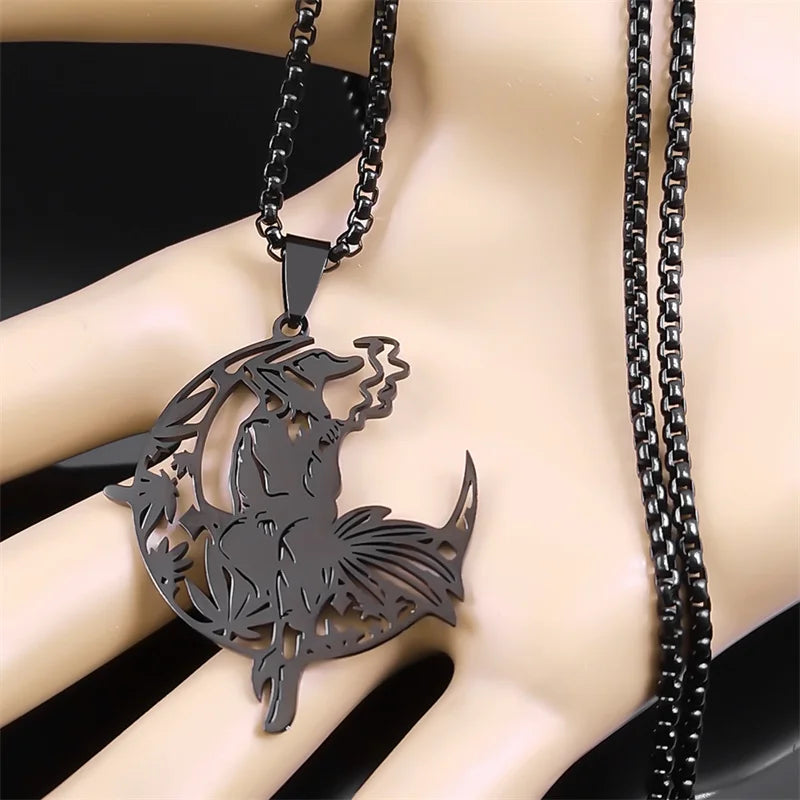 Smoking Witch Broom Moon Necklace - Witchy wonder