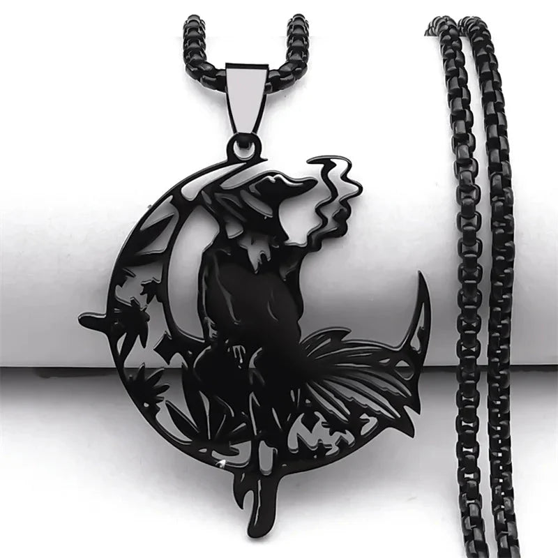 Smoking Witch Broom Moon Necklace - Witchy wonder