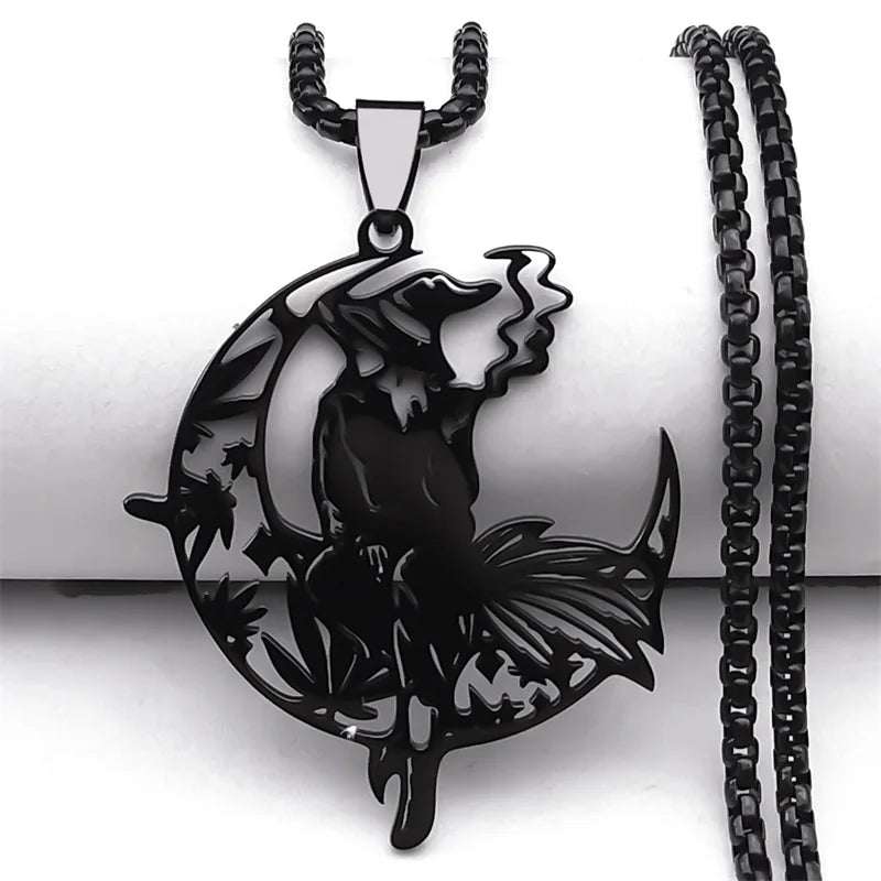 Smoking Witch Broom Moon Necklace - Witchy wonder
