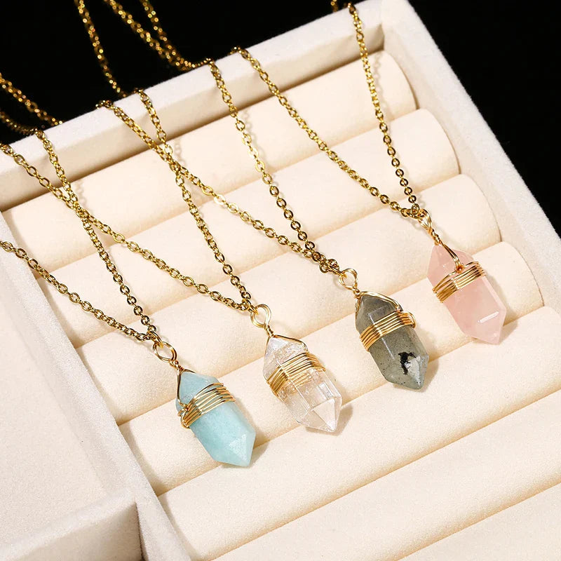 Crystal Hexagon Wire Wrap Gold Necklaces - Witchy wonder