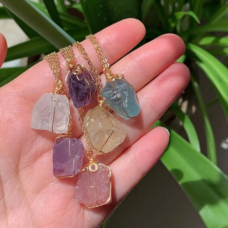 Raw Crystal Wire Wrap Gold Necklaces - Witchy wonder