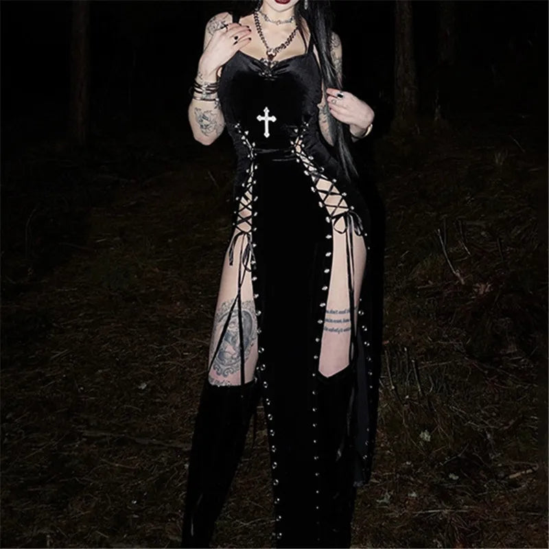 Velvet High Split Cross Dress - Witchy wonder