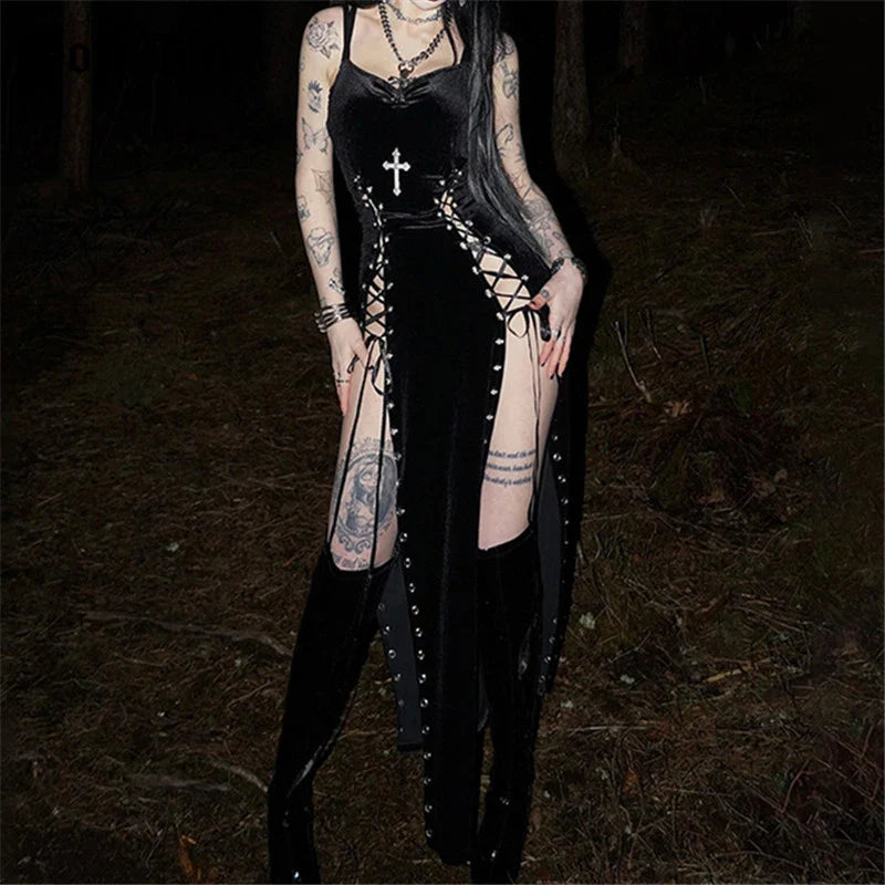 Velvet High Split Cross Dress - Witchy wonder