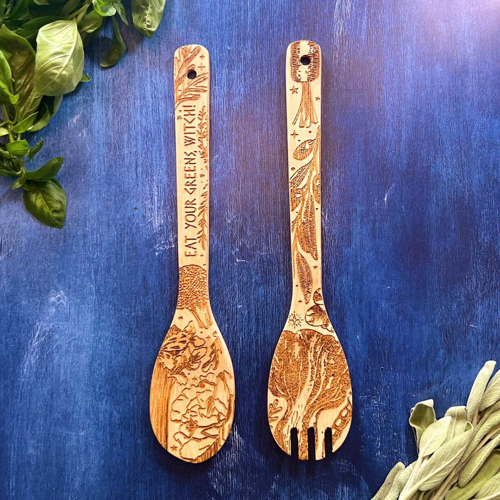 "Eat Your Greens, Witch" Engraved Bamboo Salad Server Set - Witchy wonder