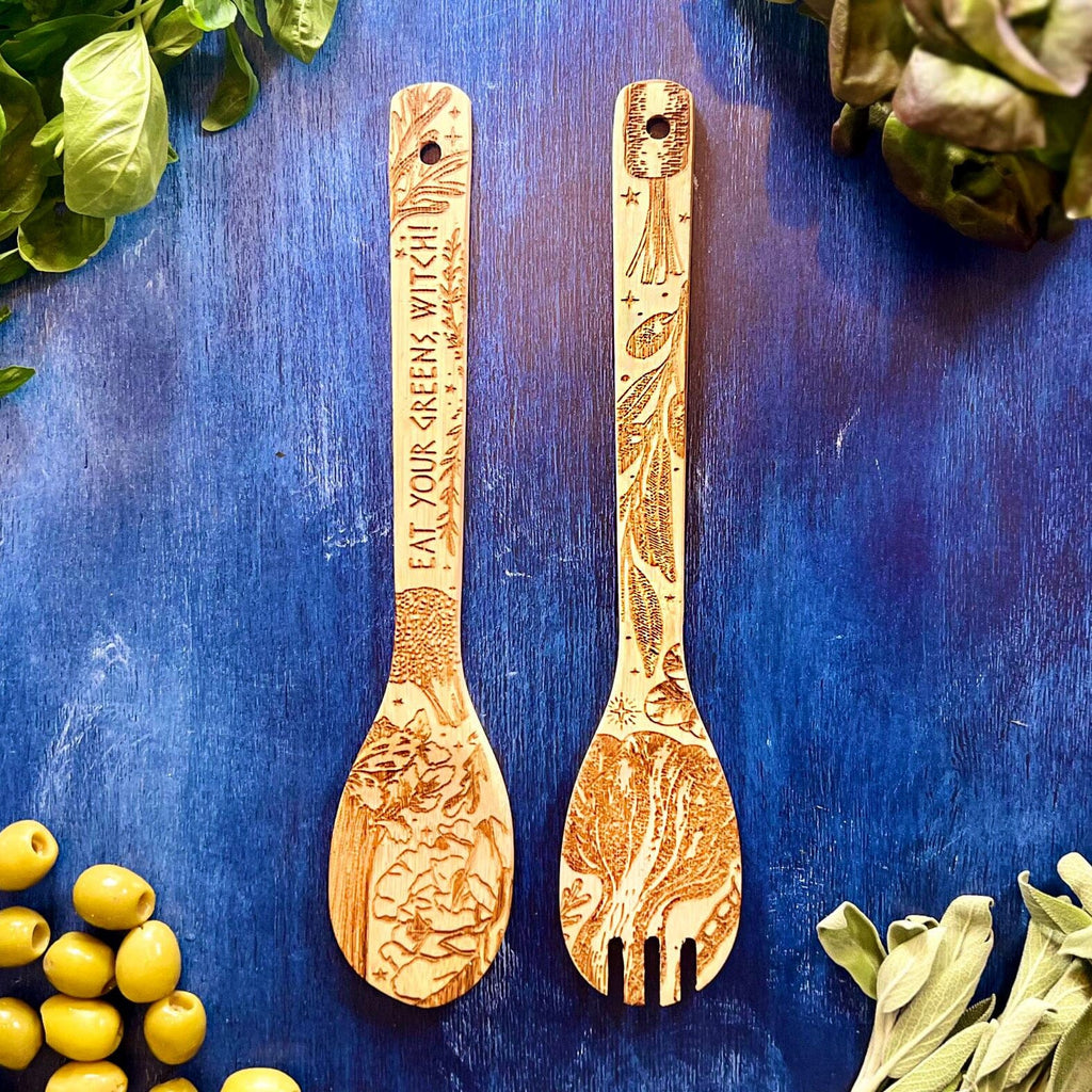 "Eat Your Greens, Witch" Engraved Bamboo Salad Server Set - Witchy wonder