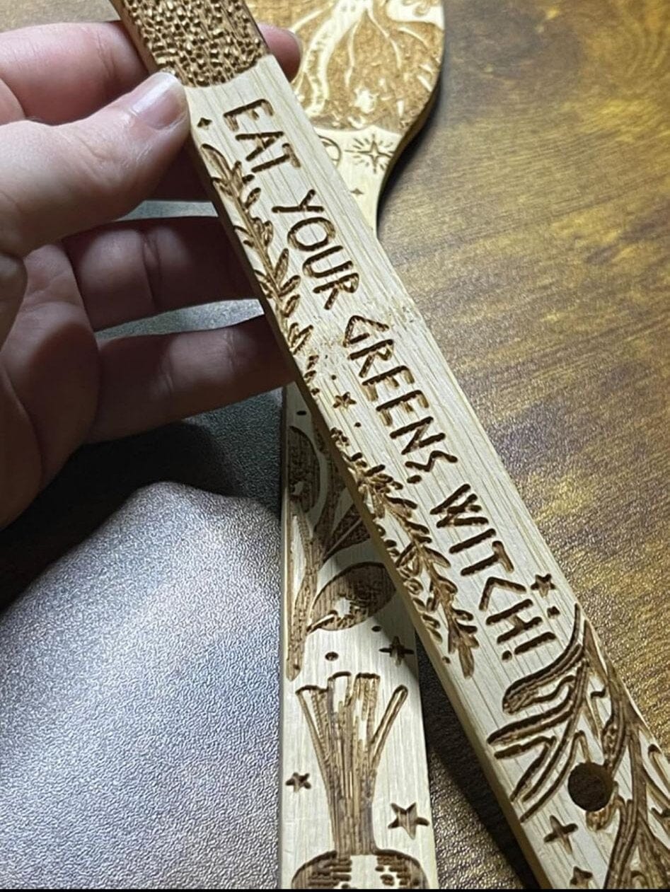 "Eat Your Greens, Witch" Engraved Bamboo Salad Server Set - Witchy wonder