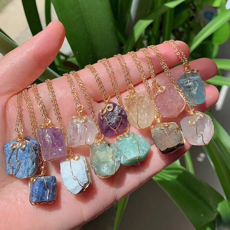 Raw Crystal Wire Wrap Gold Necklaces - Witchy wonder