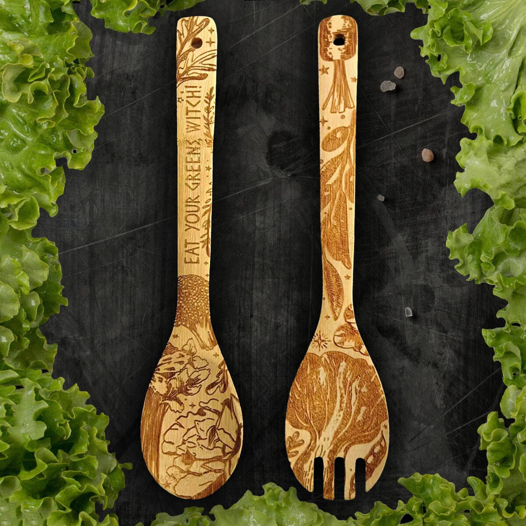 "Eat Your Greens, Witch" Engraved Bamboo Salad Server Set - Witchy wonder