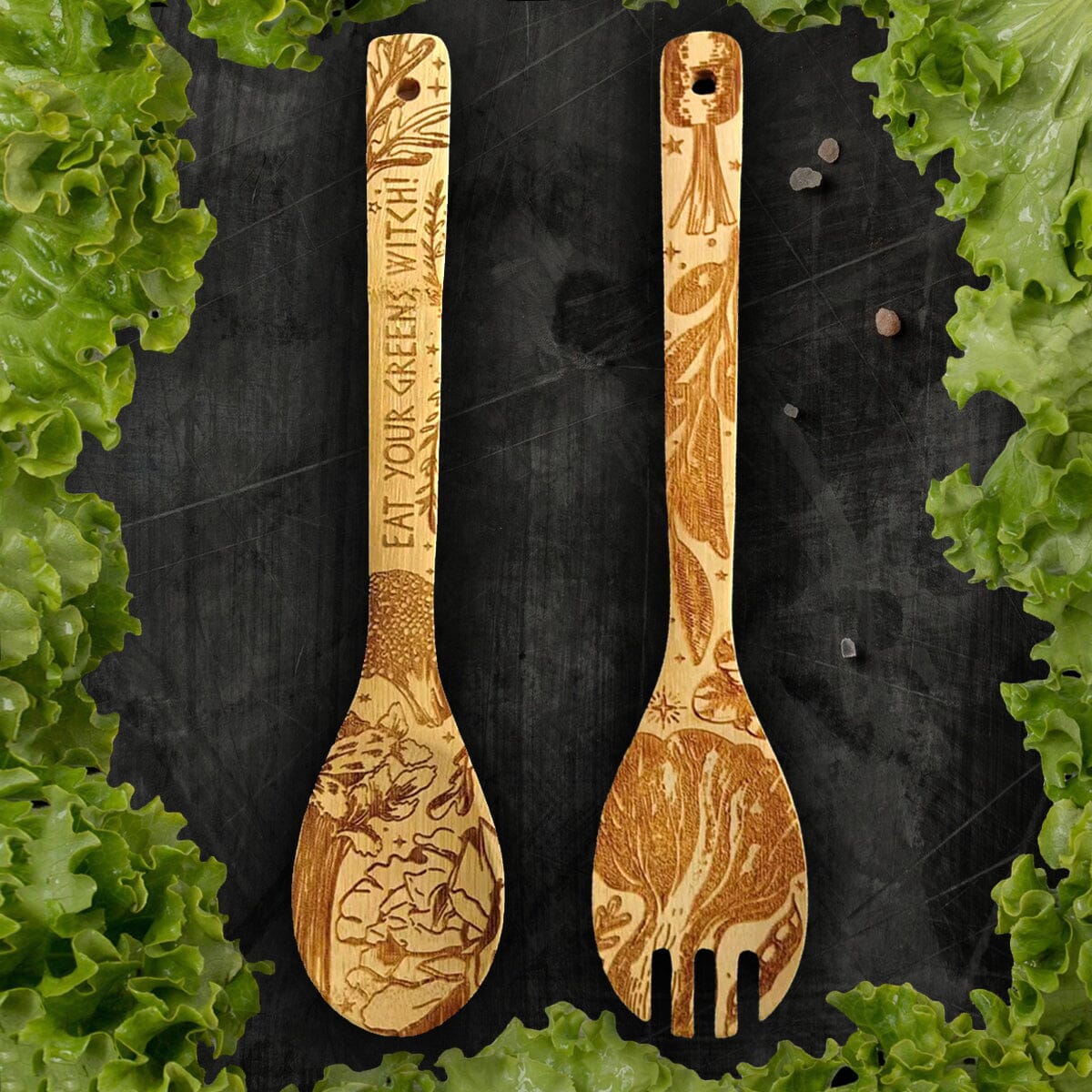 "Eat Your Greens, Witch" Engraved Bamboo Salad Server Set - Witchy wonder