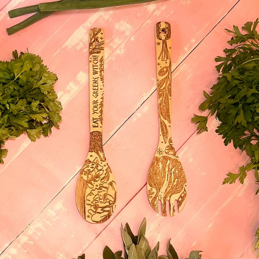 "Eat Your Greens, Witch" Engraved Bamboo Salad Server Set - Witchy wonder