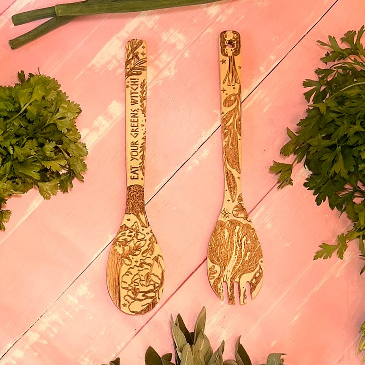 "Eat Your Greens, Witch" Engraved Bamboo Salad Server Set - Witchy wonder