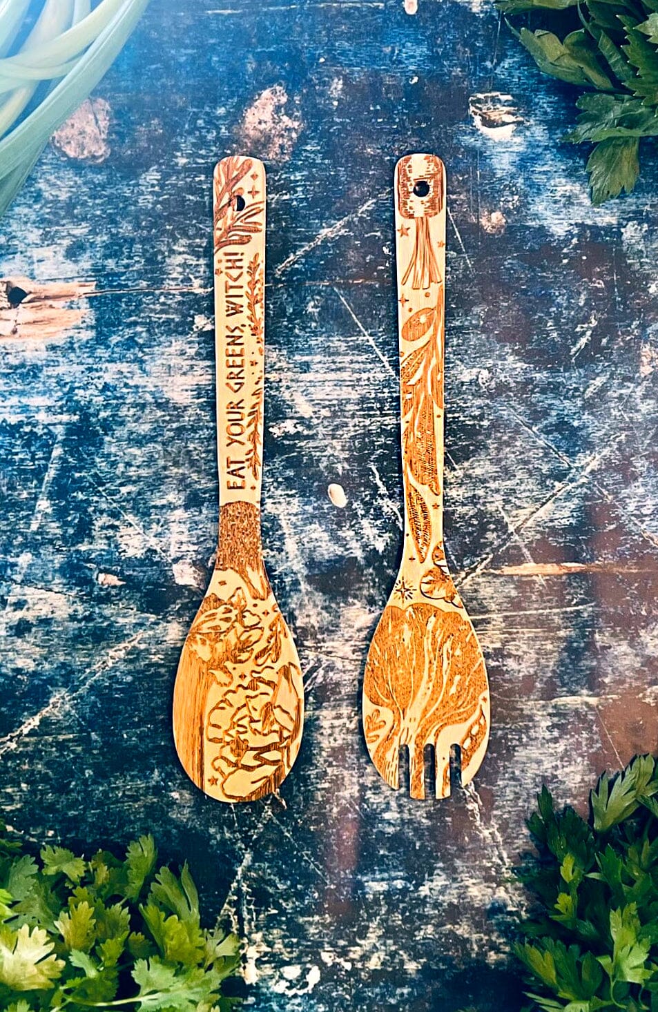 "Eat Your Greens, Witch" Engraved Bamboo Salad Server Set - Witchy wonder