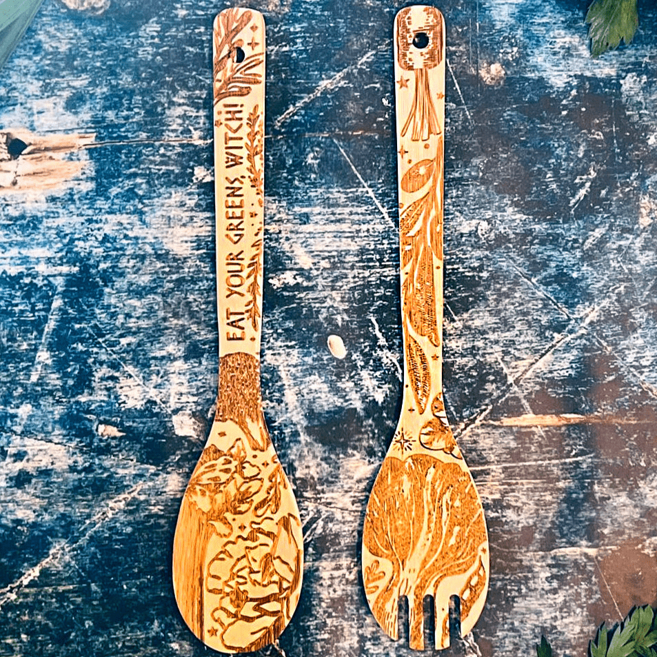 "Eat Your Greens, Witch" Engraved Bamboo Salad Server Set - Witchy wonder