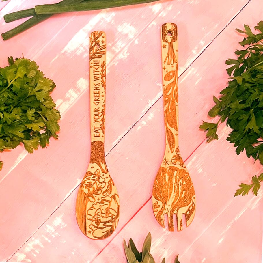 "Eat Your Greens, Witch" Engraved Bamboo Salad Server Set - Witchy wonder