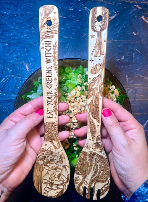 "Eat Your Greens, Witch" Engraved Bamboo Salad Server Set - Witchy wonder